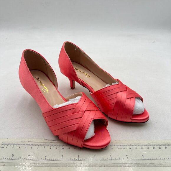 XYD Pink Peep Toe Pumps Satin Crisscross Strap Low Heels Slip On D'Orsay Shoes - Picture 4 of 8